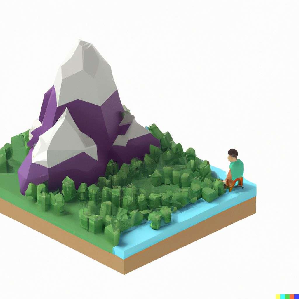 someone gazing at Mount Everest, low polygon isometric render